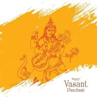 disegnare a mano il dio indiano saraswati maa su vasant panchami card design vettore