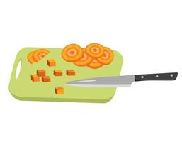 fette di carota arancione e cubetti tagliati con il coltello a bordo. verdure sane e cibo delizioso per insalata, cucina. illustrazione piatta vettoriale