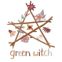 pentacolo wiccan floreale con scritta strega verde. simbolo pagano fatto di rami d'albero e fiori. cartolina di auguri per la stagione primaverile
