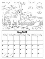 calendario verticale per il 2022 con un simpatico personaggio. pagina da colorare per bambini. la settimana inizia il lunedì. illustrazione vettoriale isolata. stile cartone animato.