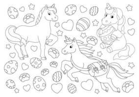 set di simpatici unicorni pasquali. pagina del libro da colorare per bambini. personaggio in stile cartone animato. illustrazione vettoriale isolato su sfondo bianco.