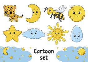 set di adesivi con simpatici personaggi dei cartoni animati. disegnato a mano. confezione colorata. illustrazione vettoriale. collezione di badge patch per bambini. per pianificatore quotidiano, organizzatore, diario. vettore