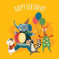 Illustrazione sveglia del fumetto degli animali della giungla di musica per la festa di buon compleanno vettore
