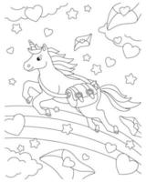 postino unicorno consegna lettere. pagina del libro da colorare per bambini. San Valentino. personaggio in stile cartone animato. illustrazione vettoriale isolato su sfondo bianco.