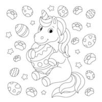 un simpatico unicorno tiene in mano un uovo di Pasqua. pagina del libro da colorare per bambini. personaggio in stile cartone animato. illustrazione vettoriale isolato su sfondo bianco.