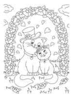 coppia di gatti carini innamorati. pagina del libro da colorare per bambini. personaggio in stile cartone animato. illustrazione vettoriale isolato su sfondo bianco. San Valentino.