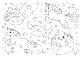 adorabili unicorni, simpatici gatti, una busta volante. pagina del libro da colorare per bambini. San Valentino. personaggio in stile cartone animato. illustrazione vettoriale isolato su sfondo bianco.