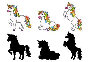 simpatico unicorno. cavallo magico delle fate. sagoma nera. personaggio dei cartoni animati. illustrazione vettoriale colorata. isolato su sfondo bianco. elemento di design.