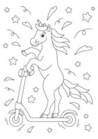 un allegro unicorno cavalca uno scooter elettrico. pagina del libro da colorare per bambini. personaggio in stile cartone animato. illustrazione vettoriale isolato su sfondo bianco.