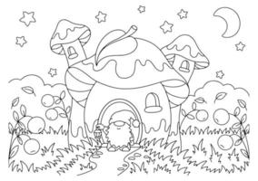un simpatico gnomo si trova in una radura vicino alla casa dei funghi. pagina del libro da colorare per bambini. personaggio in stile cartone animato. illustrazione vettoriale isolato su sfondo bianco.