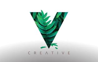 icona del design del logo della lettera v della foglia ecologica verde botanica realizzata con foglie verdi che escono dalla lettera. vettore