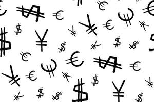 modello senza cuciture in bianco e nero con i simboli delle valute mondiali dollaro, euro e yen vettore
