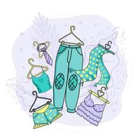 top, camicette, pantaloncini, pantaloni, cravatta e sciarpa da donna su grucce isolate clipart. vestiti appesi in una boutique. negozio di abbigliamento alla moda femminile. volontariato, donazione di vestiti, scambio. vettore