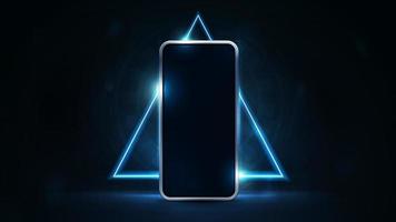 smartphone mock up in scena scura con bordo triangolo neon ologramma blu sullo sfondo vettore
