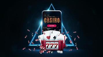 casinò online, banner con smartphone, slot machine rossa, fiches da poker, carte da gioco in scena scura con bordo triangolo blu neon sullo sfondo