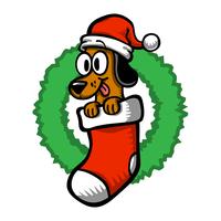 Calza di Natale del cappello del Babbo Natale del cane del fumetto vettore