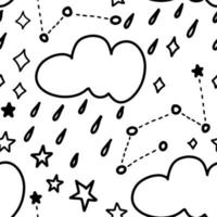 doodle nuvole bianche e nere con pioggia, stelle e cosmo senza cuciture. sfondo senza cuciture carino cielo notturno per carta da parati tessile, tessuto, avvolgimento o bambini. semplice disegno al tratto. vettore