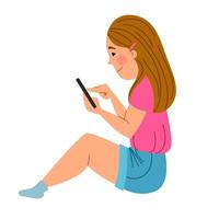 una ragazza con i capelli biondi è seduta con un tablet. tecnologia senza fili. vettore