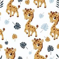 modello senza cuciture carino giraffa con foglie vettore