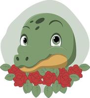 simpatico cartone animato testa di coccodrillo con fiori vettore