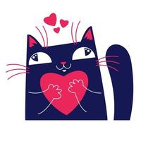 cartone animato gatto innamorato che tiene un cuore tra le zampe. illustrazione della cartolina d'auguri di san valentino isolata su sfondo bianco. vettore