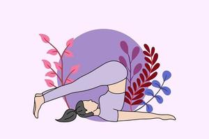 donna che medita nell'illustrazione pacifica della natura, concetto di yoga e stile di vita sano, design piatto del fumetto vettore