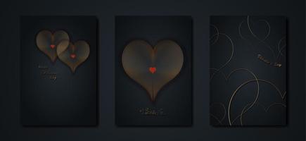 felice giorno di san valentino vector set biglietto di auguri. cuore d'oro su sfondo nero. poster vacanze d'oro con testo, gioielli. concetto per banner di San Valentino, volantino, invito a una festa, negozio di articoli da regalo di gioielli