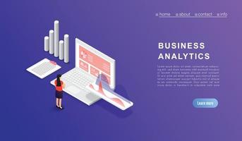 dati di analisi aziendale di concetto e investimenti. successo aziendale. recensione finanziaria con laptop e elementi infografici. Design piatto isometrico 3d. illustrazione vettoriale. vettore