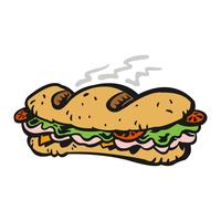 Cartone animato sottomarino sandwich pranzo con pane, carne, lattuga e pomodoro vettore