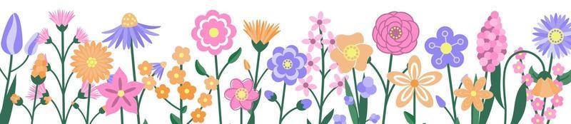 banner orizzontale con fiori primaverili. stile cartone animato. illustrazione vettoriale. vettore