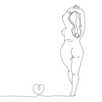 bella donna nuda taglie forti. disegnato in linea d'arte, stile moderno a linea continua, illustrazione vettoriale isolata su sfondo bianco. concetto ama te stesso e il corpo positivo. figura femminile sinuosa.