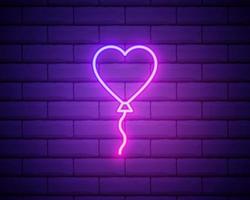 palloncino di linea al neon incandescente a forma di cuore con icona a nastro isolata su sfondo di muro di mattoni scuri. San Valentino. vettore