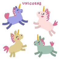 collezione di unicorni colorati disegnati a mano. vettore