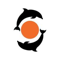 due delfini e design del logo del tramonto del cerchio vettore