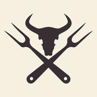 teschio di vacca con forchetta per grigliare logo vintage design grafico vettoriale simbolo icona illustrazione del segno idea creativa