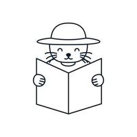 illustrazione simpatico cartone animato gatto gattino gattino leggere libro linea icona logo vettore
