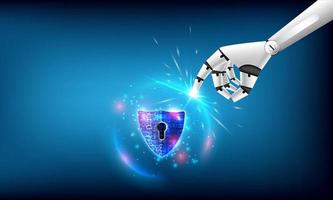 intelligenza artificiale di sicurezza privacy sicura. tocco del dito del robot sulla sfera luminosa dell'esagono e dello scudo. alto computer di protezione. ingegnere tecnologico di antivirus e criminali vettore