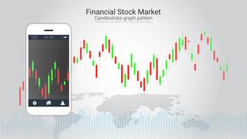 Concetto di trading azionario mobile con candlestick e grafici grafici finanziari sullo schermo. vettore