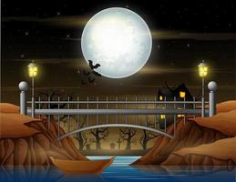 ponte e paesaggio notturno di halloween al chiaro di luna vettore