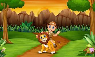 uomo felice del guardiano dello zoo con un leone nella giungla vettore