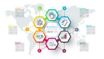 Le etichette di esagono di affari modellano infographic sul cerchio. vettore