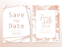 La carta dell&#39;invito di nozze, conserva la partecipazione di nozze della data, progettazione di carta moderna con il colpo dorato della spazzola e geometrica, illustrazione di vettore. vettore