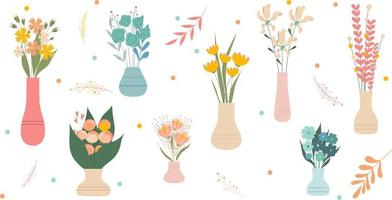 set di fiori selvatici e da giardino in fiore sullo sfondo di vasi. fascio di mazzi. insieme di elementi decorativi di design floreale. illustrazione vettoriale cartone animato piatto.