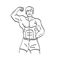 uomo forte con muscoli che mostrano il suo bicipite illustrazione vettore disegnato a mano isolato su sfondo bianco line art.