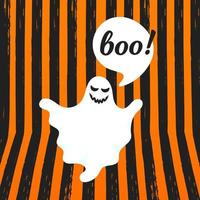 boo fantasma concetto di messaggio di halloween. il personaggio fantasma spettrale divertente di halloween volante dice boo con lo spazio del testo nell'illustrazione vettoriale del fumetto isolata su sfondo a strisce arancioni.