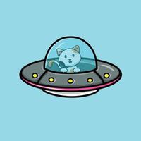 simpatico gatto che guida con l'illustrazione dell'icona di vettore del fumetto dell'astronave ufo. concetto di icona di tecnologia animale isolato vettore premium. stile cartone animato piatto