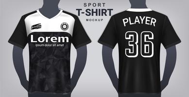 Modello di mockup di maglia da calcio e sport t-shirt, vista frontale e posteriore di grafica realistica per uniformi di kit da calcio.