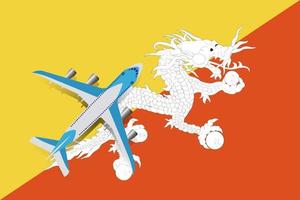 aereo e bandiera del bhuthan. concetto di viaggio per il design. l'aereo sorvola la bandiera del bhutan. vettore