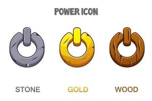 set di pulsanti o icone potere dorato, pietra, legno. icone di materiale diverso per il menu di gioco. vettore