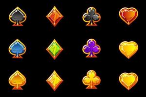 simboli di carte da gioco luminose di diversi colori. set di icone di carte isolate oro e preziose. vettore